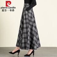 皮爾卡丹高檔品牌女裝2022秋冬毛呢格子半身裙女百搭高腰A字裙中長(cháng)款加厚顯瘦長(cháng)裙 黑白方格子 L