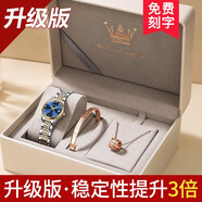 歐利時瑞士認證手表女時尚女士手表防水夜光全自動機械表時尚潮流鑲鉆 禮盒版鋼帶間金色藍面女表