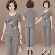 歌班婭媽媽夏裝短袖套裝2025新款中老年女裝T恤老人衣服奶奶寬松套裝 駝色 M 建議85-110斤左右