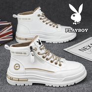 花花公子（PLAYBOY）男鞋高幫春夏季新款2025休閑復(fù)古厚底增高透氣潮流皮鞋子男馬丁靴 白棕844 40