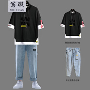 寫(xiě)璇【上衣+褲子】凌登 男款短袖長(cháng)褲夏天套裝男生夏季韓版全套衣服男土一套男裝潮流搭配牛仔褲 T31黑色(短袖+牛仔褲) 185/3XL
