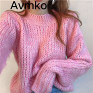 潮牌Avmko毛衣2021新款漸變色加厚粗毛線毛衣女秋冬外穿寬松慵懶風設計感百搭圓領針織衫 粉色 均碼