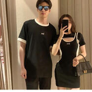 PZCL潮牌情侶裝你衣我裙套裝阿姐家情侶裝夏季小眾感假兩件短袖T 黑色女裙 L