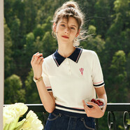 Olrain歐芮兒法式polo領(lǐng)短袖針織衫夏季女裝寬松學(xué)院風(fēng)上衣 米白色 L