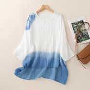 2024夏復古文藝植物草木染苧麻上衣女寬松潑墨飄逸蝙蝠袖襯衫 藍白色 L 125斤以下