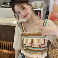漫藍夢(mèng)T恤女夏季鉤花鏤空民族風(fēng)拼接短袖設計感小個(gè)子短款修身方領(lǐng)上衣 咖色【針織面料】 XL 建議115-130斤