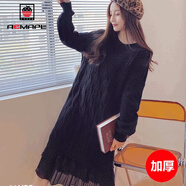 AEMAPE中長款連衣裙女2025春秋冬季新寬松加厚蕾絲過膝針織毛衣裙子女 黑色加厚 S