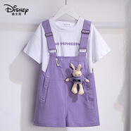 木清清女童背帶褲套裝夏季新款2023洋氣兒童小兔子休閑短褲T恤兩件套薄 紫色兔子背帶褲+白色T 120