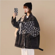 菲尼東爵@歐美高街男友風(fēng)牛仔外套女ins潮秋男友風(fēng)美式復古棋盤(pán)格上衣2022 灰色-玩K-X330 2XL