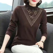 歐妤雙面德絨保暖打底衫女半高領(lǐng)秋冬女裝新款長袖t恤女內(nèi)搭修身上衣 燙鉆蕾絲咖啡色 2XL建議120-135斤