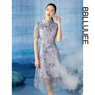 粉藍衣櫥東方典雅復(fù)古鑲鉆蕾絲連衣裙女短袖喜婆婆輕禮服旗袍裙532L505 云霧紫 M
