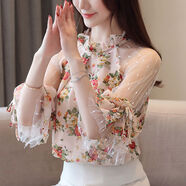 顏熏末2023夏季新款蕾絲網(wǎng)紗拼接碎花雪紡打底衫女時(shí)尚露肩燈籠袖上衣 粉底花 XL