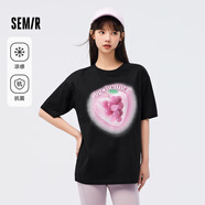 森馬（Semir）【夏日T恤合輯】短袖T恤女中長款滿印夏印花落肩上衣寬松顯瘦涼感 E款涼感寬松印花-黑色90001 155/80A/S