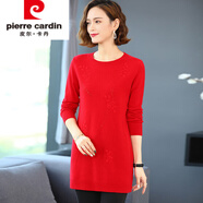 皮爾卡丹100羊絨衫中長(cháng)款毛衣女包臀秋冬羊絨針織衫打底衫時(shí)尚寬松連衣裙 大紅色 L 110-120斤