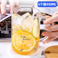 華派（TQVAI）高硼硅玻璃水杯辦公室泡茶杯啤酒果汁飲料杯帶把手家用玻璃杯套裝 6個(gè)（羽毛）450ML加厚把手杯