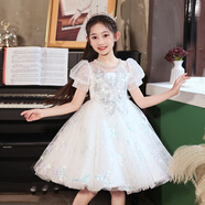 耀王女童禮服裙夏季公主裙兒童花童婚紗生日洋氣主持鋼琴演出服DY9208 白色短袖【單裙】 110