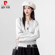 皮爾卡丹（pierre cardin）灰色短款針織開(kāi)衫女春秋2025新款點(diǎn)點(diǎn)紗韓版圓領(lǐng)毛衣外套長(zhǎng)袖上衣 白色 M