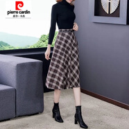 皮爾卡丹（pierre cardin）秋冬韓版中長(cháng)款毛呢格子半身裙女氣質(zhì)顯瘦呢子大擺A字裙 卡其色 M
