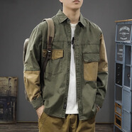 潮天士美式復(fù)古撞色拼接男士工裝襯衫秋季潮牌純棉長袖襯衣寬松休閑外套 軍綠色 XL【145-160斤】