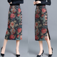 【商場(chǎng)同款】毛呢半身裙女中長(cháng)款秋冬季冬裙復古開(kāi)叉步包臀裙修身顯瘦新款高腰印花毛尼半截裙 花色 S