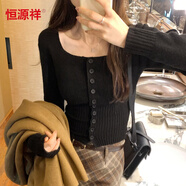 恒源祥辣妹短款方領(lǐng)針織開衫女內(nèi)搭秋冬季修身紅色毛衣打底衫大領(lǐng)口上衣 黑色 S