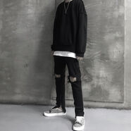 AngelgonzalesFOG風(fēng)格高街破洞牛仔褲長(cháng)褲男復古風(fēng)潮流INS修身百搭小腳褲子男女 黑色破洞 604#褲腳拉鏈 28 90-99斤