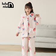 嚕嚕牛女童睡衣兒童珊瑚絨睡衣寶寶小孩子秋冬中小童保暖家居服套裝 淡粉-63204 140 (14碼建議身高135-140)