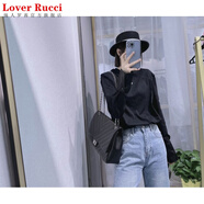 LOVER RUCCI法國白色長袖t恤女秋裝2025新款歐貨小衫上衣寬松純棉內(nèi)搭打底衫 黑色 M