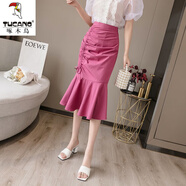 啄木鳥(niǎo)魚(yú)尾裙半身裙2024夏秋新款高腰a字裙時(shí)尚抽繩不規則中長(cháng)款包臀裙 玫紅色 S 建議80-95斤