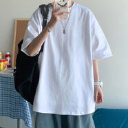 Prowow純棉短袖T恤男士港風(fēng)夏季寬松圓領(lǐng)中袖圓點(diǎn)打底體恤五分袖學(xué)生潮 白色 均碼 純棉大落肩80-20b