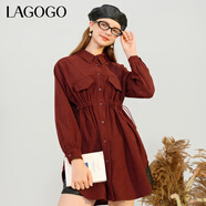 LAGOGO紅棕色抽繩翻領(lǐng)連衣裙女拉谷谷冬季新款復古高腰顯白裙子 紅棕色(U4) S 155/36