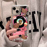 千敘新款適用蘋果15kt貓鏡面14Promax手機殼iPhone13補妝鏡hellokitty12防摔11卡通可愛保護套 太空殼鏡面唱片機kt貓 iPhoneX