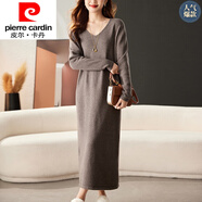 皮爾卡丹（pierre cardin）品牌女裝雞心領(lǐng)毛衣女春秋長款過膝毛毛衫毛衣裙毛絨打底衫寬松女 咖色 S 建議80--95斤
