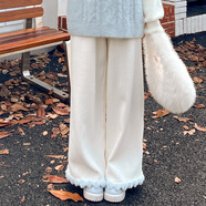 森女部落原創(chuàng  )絨感秋冬肌理感純色毛球休閑褲2024年新款女裝秋冬裝 白色 單件 S