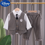 迪士尼（Disney）寶寶春秋季套裝男童三件套2024新款嬰兒童裝小童秋裝衣服西裝馬甲 淺棕色 條紋襯衫馬甲三件套 90