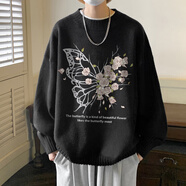 主野（ZHU YE） 毛衣男秋冬季蝴蝶印花寬松保暖針織衫男休閑青少年圓領(lǐng)打底衫潮 黑色 L 【建議90-100斤】
