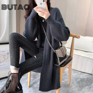 BUTAO女裝毛衣女開(kāi)衫外套新款春秋外搭針織衫寬松百搭中長(cháng)款上衣 深灰色 M