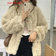 YUEXUNZI秋冬季新款女裝短外套潮仿羊羔絨短款小個子韓版加厚保暖毛絨衣服 杏色 S
