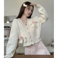 風(fēng)采兔 設(shè)計(jì)感蝴蝶結(jié)V領(lǐng)長袖毛衣外套女秋季2022新款甜美寬松針織衫潮ins 白色 均碼