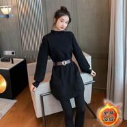 加絨/加絨韓版寬松外穿中長款毛衣女收腰顯瘦秋冬打底毛衣潮 黑色加絨 【送腰帶】 M 建議95-105斤