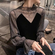 咪小主 薄款/加絨絲絨上衣女秋冬洋氣蕾絲顯瘦內(nèi)搭拼接網(wǎng)紗性感打底衫 黑色（V領(lǐng)） L（95-105斤）