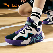 安踏（ANTA）童鞋男童運動(dòng)鞋冬季中大童水泥氪星皮面防水減震耐磨高幫籃球鞋子 黑/安踏白/朝代紫-3 39碼