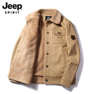 JEEP SPIRIT秋冬季毛絨棉服夾克棉襖毛領工裝外套潮男士加絨加厚大碼純棉外套 3166款卡其 2XL