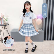 約克兔（YueKeTu）女童jk套裝適合3-12歲小女孩夏天穿的日系簡(jiǎn)約學(xué)院風(fēng)襯衫百褶裙兩 童裝不死川+皓海白短袖+領(lǐng)結(jié)襪 150