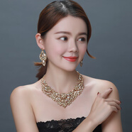 戎夏歐美夸張項(xiàng)鏈水晶玻璃滿鉆奢華鎖骨鏈禮服配飾時(shí)尚韓國(guó)飾品 香檳色水晶套裝項(xiàng)鏈