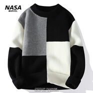 NASA MARVEL撞色拼接毛衣男冬季新款韓版潮流休閑百搭寬松針織衫 6302黑色 2XL （約135-150斤可穿）