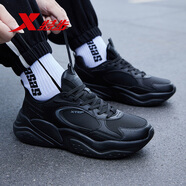 特步黑色運動(dòng)鞋男鞋秋冬黑武士增高老爹鞋皮面正品跑步鞋子男款休閑鞋 黑-黑武士【防水皮面】 45
