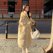 卡吉蘭娜棉服女長款過膝2024年冬季新款奶fufu連帽加厚棉襖寬松棉衣外套女 黃色 M 建議體重90-120斤