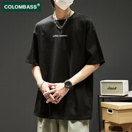 Colombass純棉短袖t恤男夏季日系寬松ins潮牌字母印花男士休閑重磅半袖體恤 黑色(精梳棉升級(jí)款) L/175(建議125-145斤)