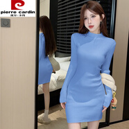 皮爾卡丹（pierre cardin）白色半高領(lǐng)針織毛衣連衣裙女秋冬配大衣內搭性感修身包臀小媽短裙 淺藍色 S